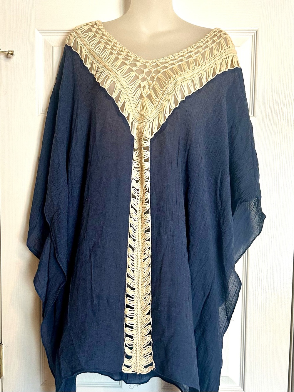 Umgee Navy Poncho with Cream Crochet V-Detail